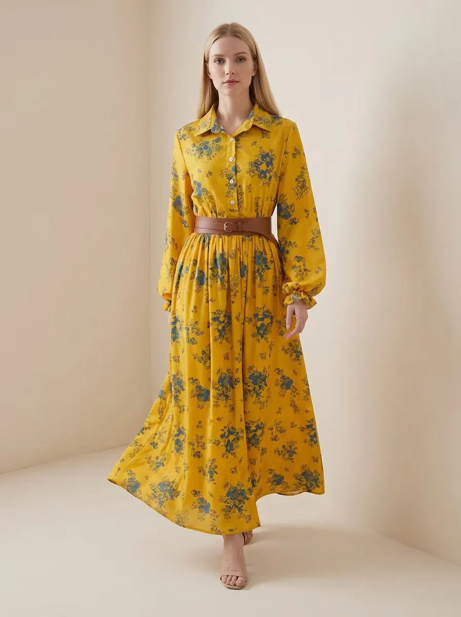 A-Line Elasticated Waist Belted Buttoned Contrast Color Flower Print Pleated Split-Joint Lapel Maxi Dresses Shirt Dress - Image 2