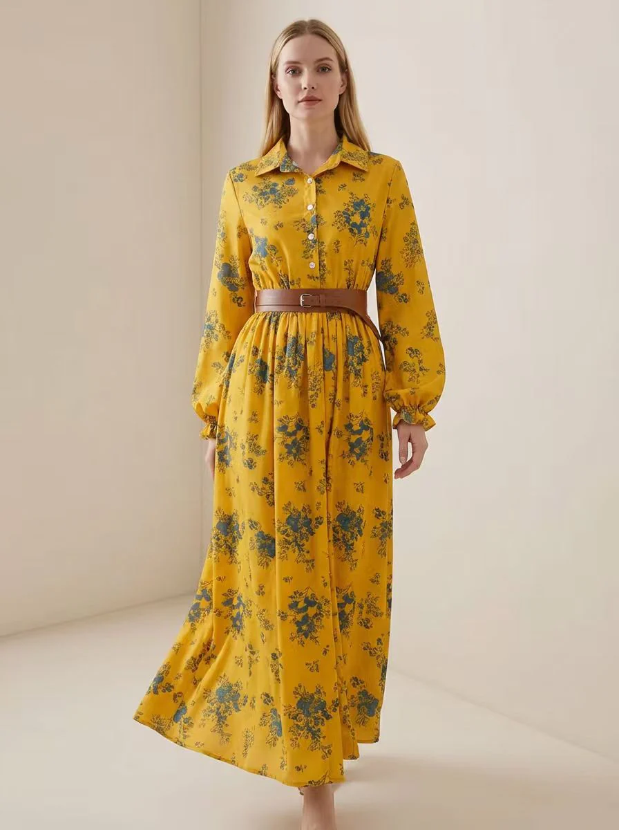 A-Line Elasticated Waist Belted Buttoned Contrast Color Flower Print Pleated Split-Joint Lapel Maxi Dresses Shirt Dress - Image 3
