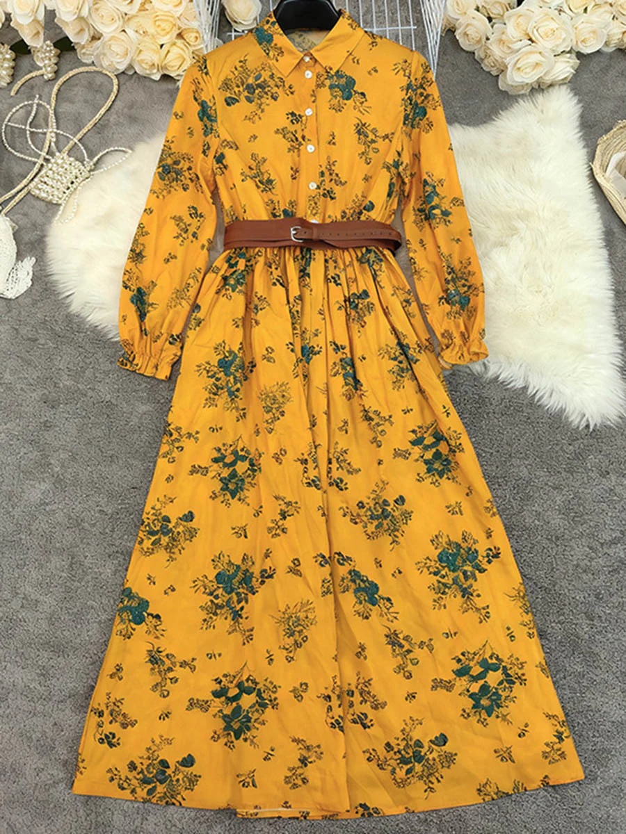 A-Line Elasticated Waist Belted Buttoned Contrast Color Flower Print Pleated Split-Joint Lapel Maxi Dresses Shirt Dress - Image 4