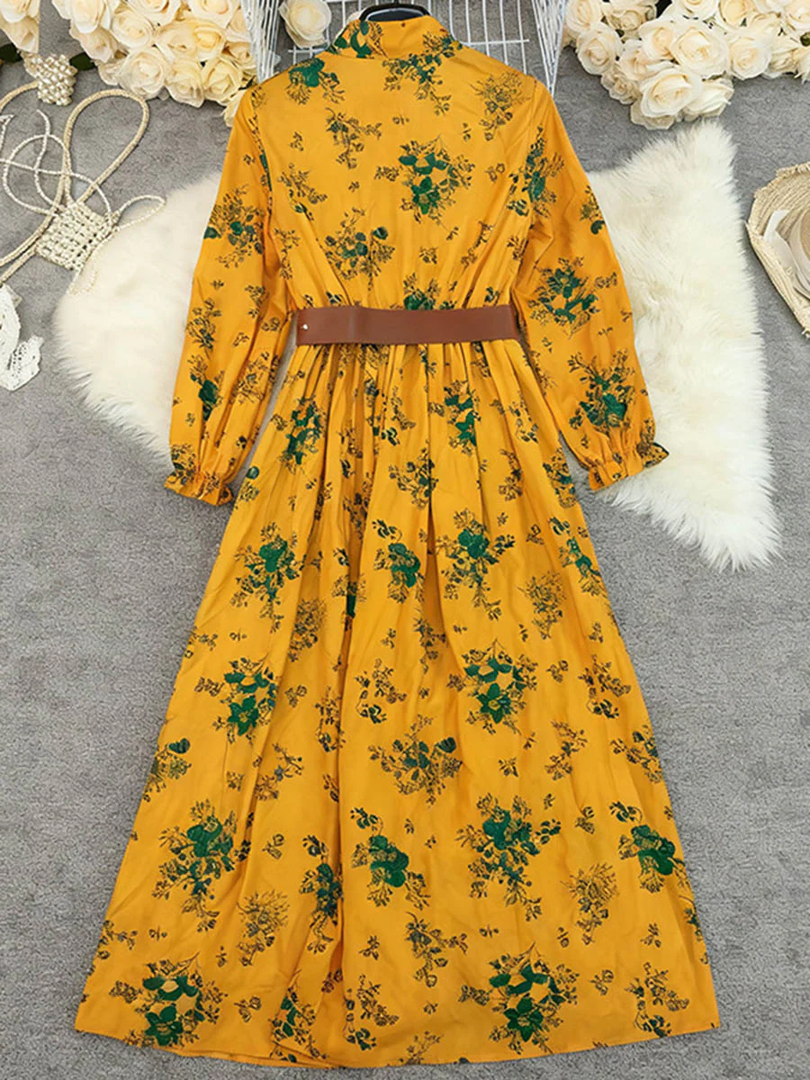A-Line Elasticated Waist Belted Buttoned Contrast Color Flower Print Pleated Split-Joint Lapel Maxi Dresses Shirt Dress - Image 5