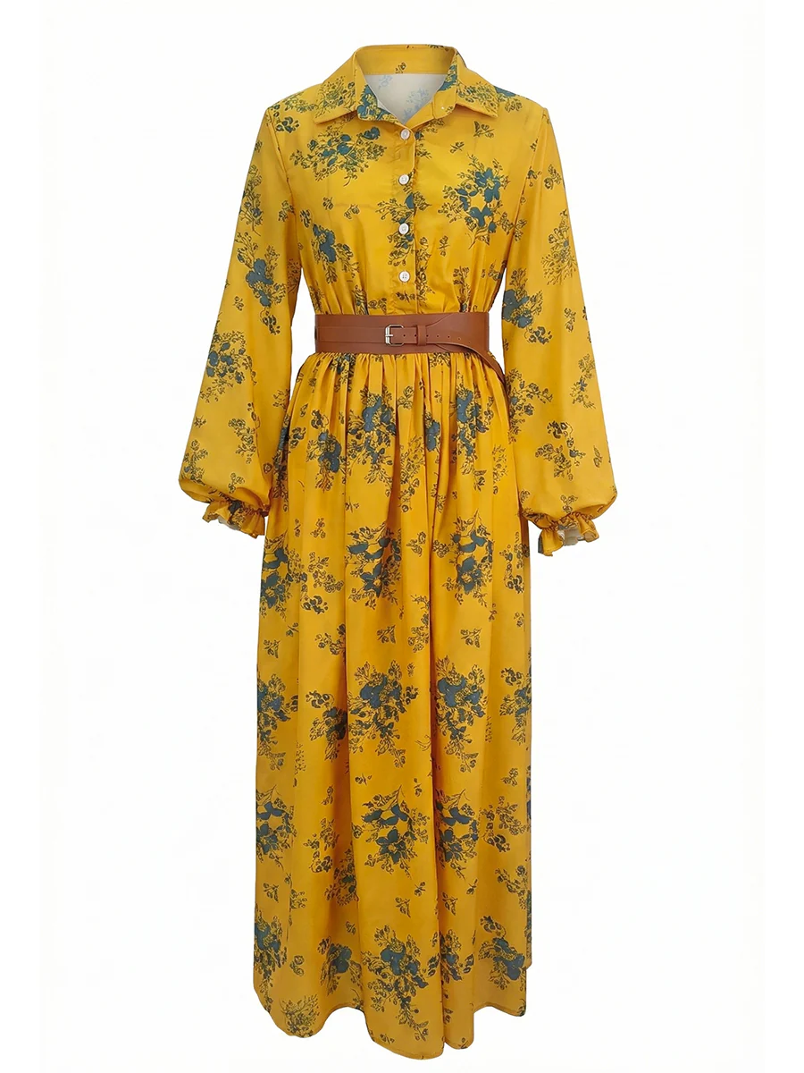 A-Line Elasticated Waist Belted Buttoned Contrast Color Flower Print Pleated Split-Joint Lapel Maxi Dresses Shirt Dress - Image 6