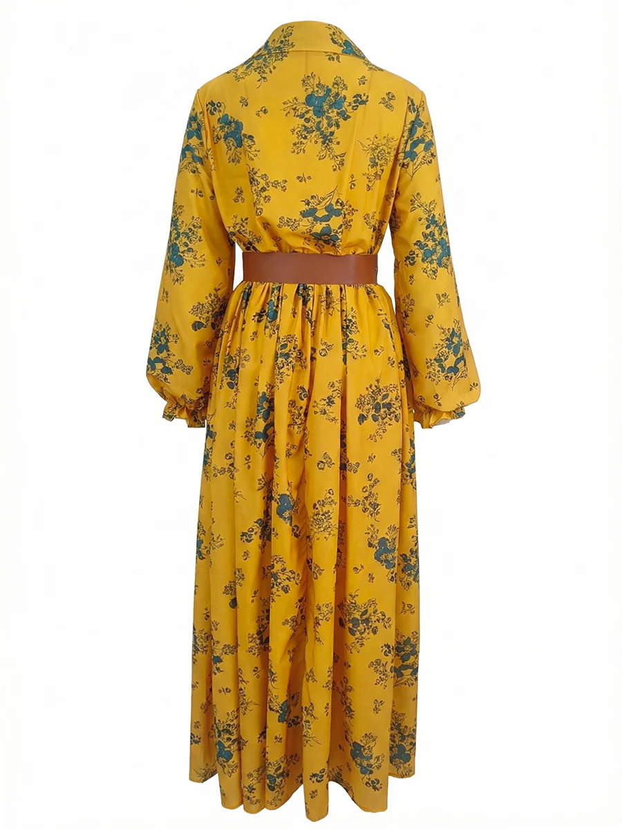 A-Line Elasticated Waist Belted Buttoned Contrast Color Flower Print Pleated Split-Joint Lapel Maxi Dresses Shirt Dress - Image 7