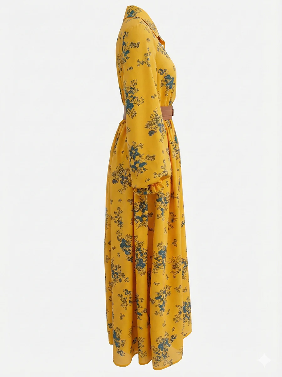 A-Line Elasticated Waist Belted Buttoned Contrast Color Flower Print Pleated Split-Joint Lapel Maxi Dresses Shirt Dress - Image 8