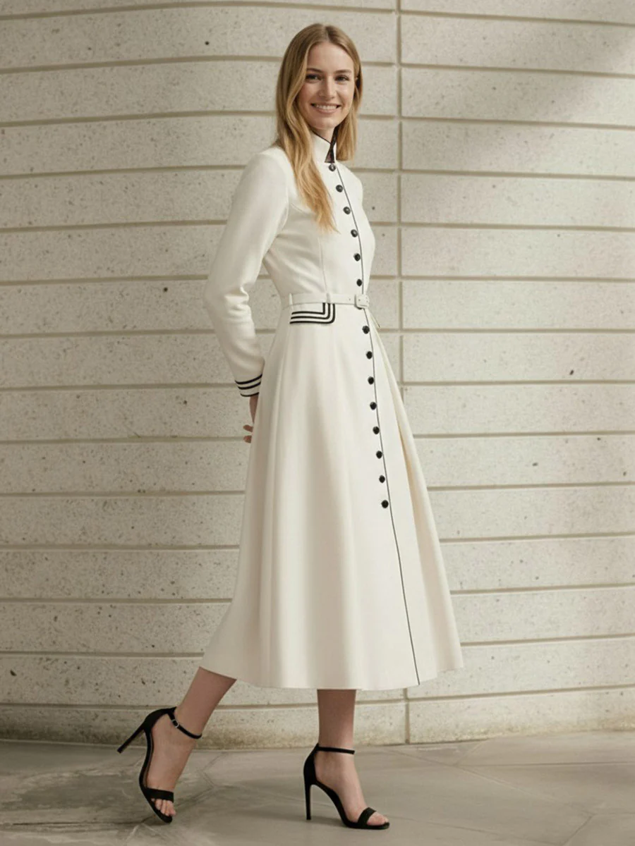 A-Line Elasticated Waist Belted Buttoned Contrast Color Line Split-Joint Stand Collar Maxi Dresses - Image 10