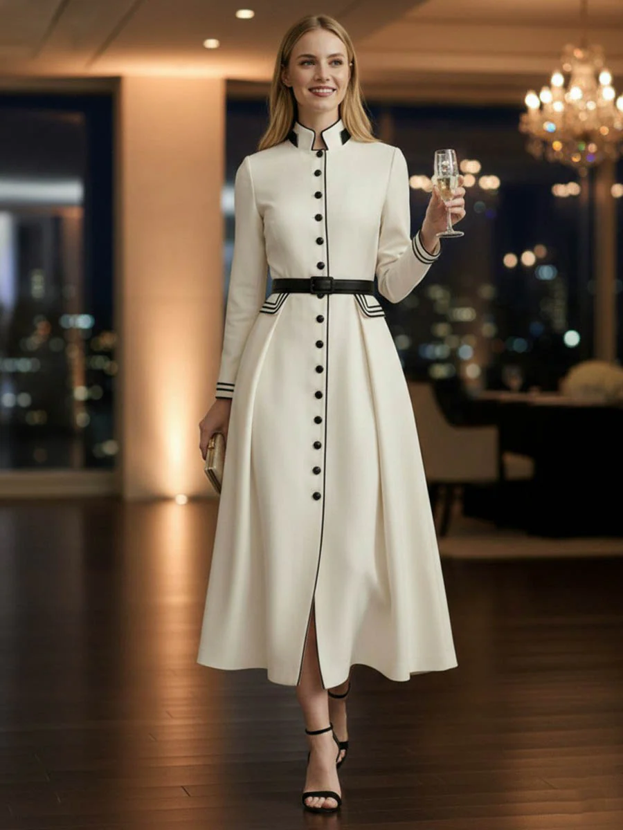 A-Line Elasticated Waist Belted Buttoned Contrast Color Line Split-Joint Stand Collar Maxi Dresses - Image 2