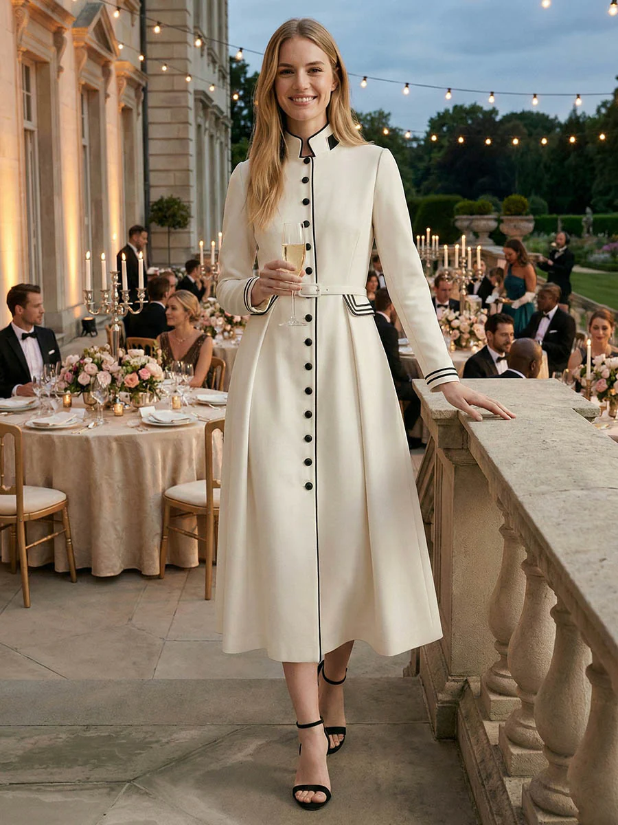 A-Line Elasticated Waist Belted Buttoned Contrast Color Line Split-Joint Stand Collar Maxi Dresses - Image 3