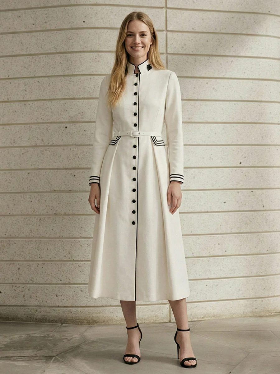 A-Line Elasticated Waist Belted Buttoned Contrast Color Line Split-Joint Stand Collar Maxi Dresses - Image 8