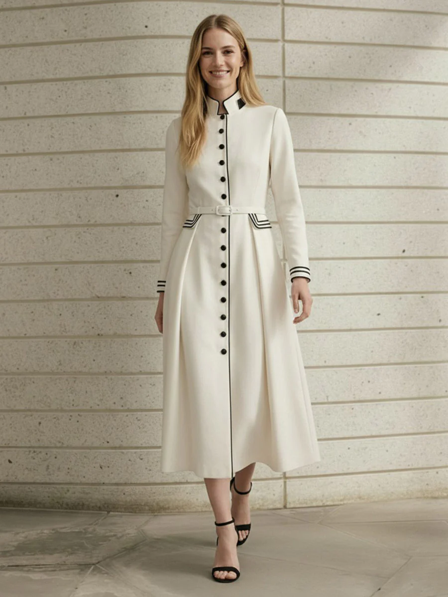 A-Line Elasticated Waist Belted Buttoned Contrast Color Line Split-Joint Stand Collar Maxi Dresses - Image 9