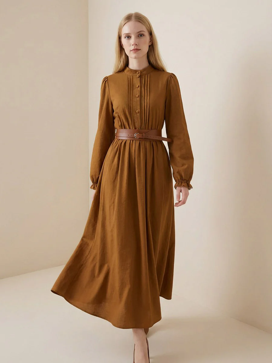 A-Line Elasticated Waist Belted Buttoned Contrast Color Pleated Split-Joint Stand Collar Maxi Dresses Shirt Dress - Image 2