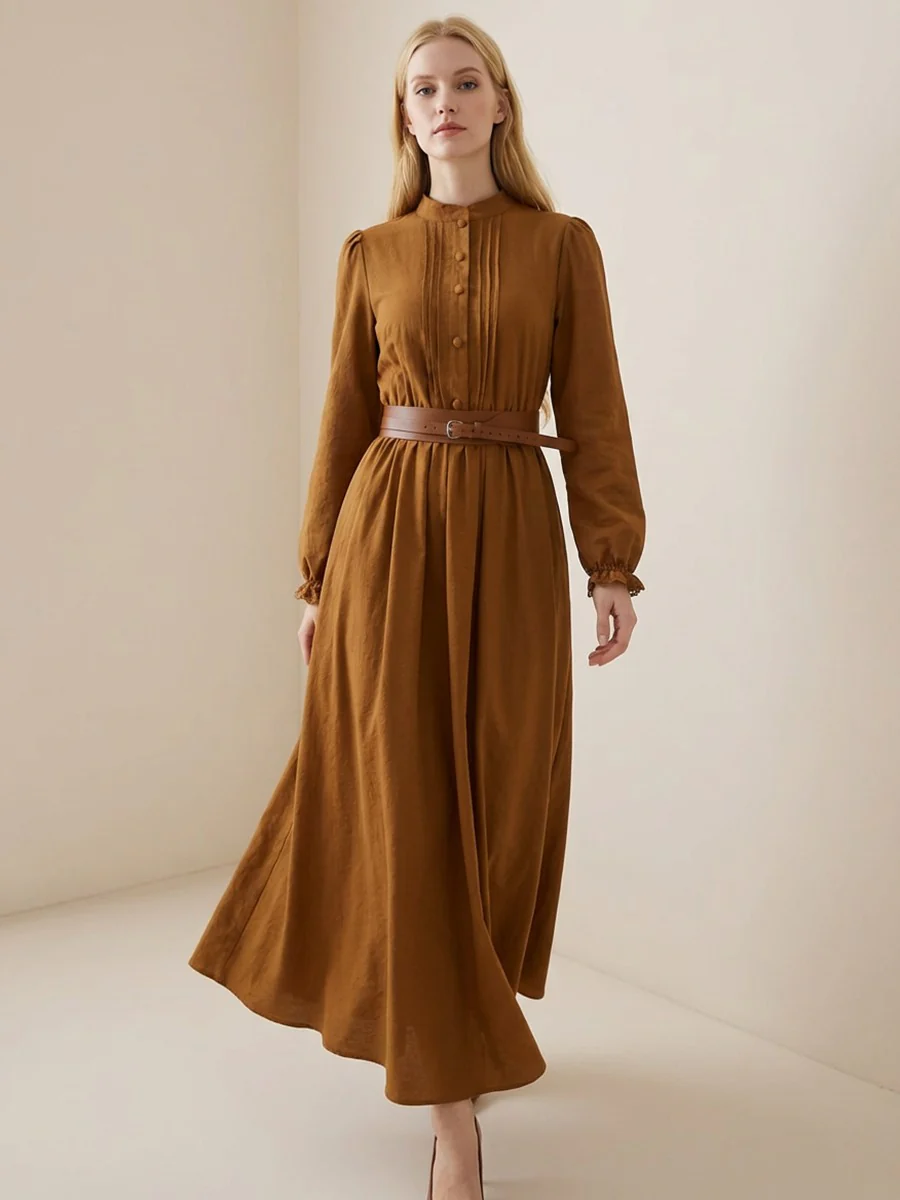 A-Line Elasticated Waist Belted Buttoned Contrast Color Pleated Split-Joint Stand Collar Maxi Dresses Shirt Dress - Image 3