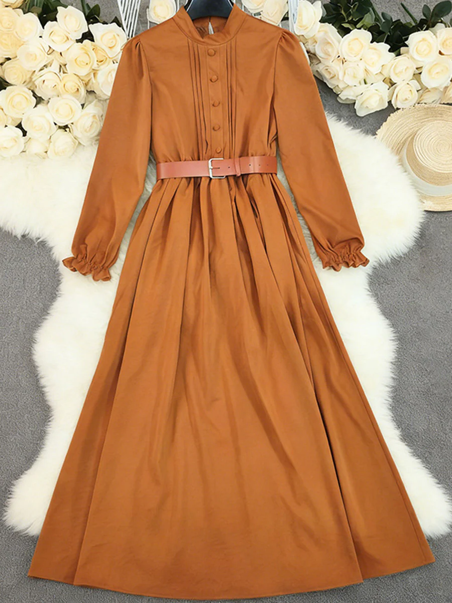 A-Line Elasticated Waist Belted Buttoned Contrast Color Pleated Split-Joint Stand Collar Maxi Dresses Shirt Dress - Image 4