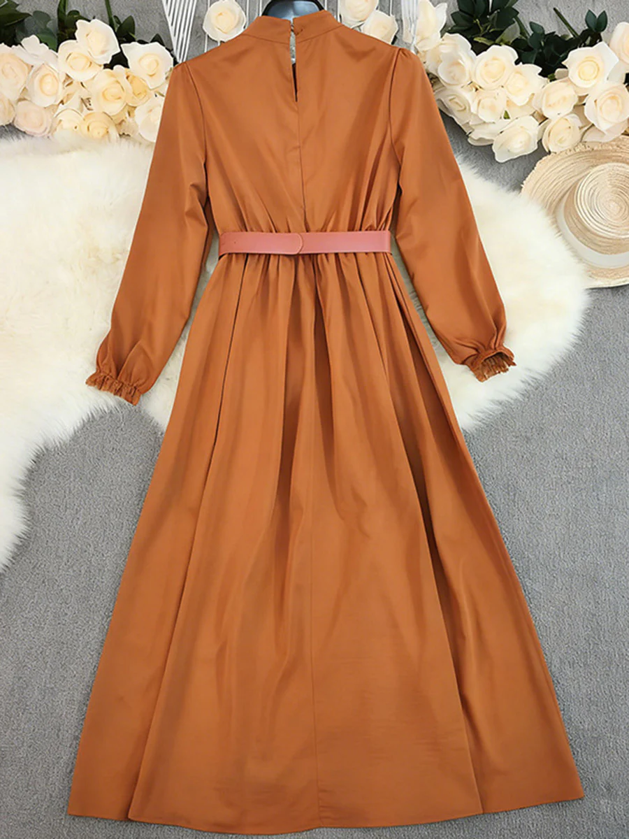 A-Line Elasticated Waist Belted Buttoned Contrast Color Pleated Split-Joint Stand Collar Maxi Dresses Shirt Dress - Image 5