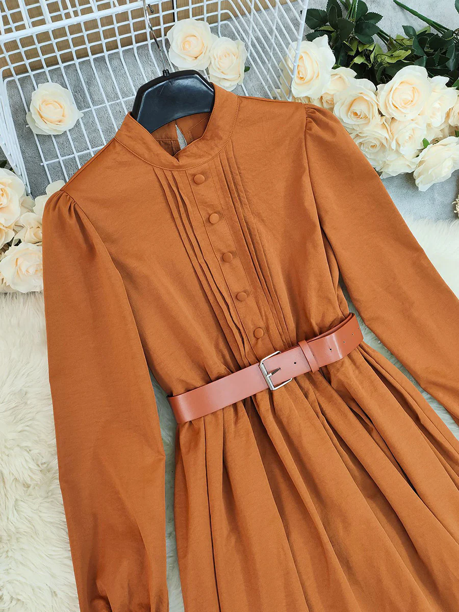 A-Line Elasticated Waist Belted Buttoned Contrast Color Pleated Split-Joint Stand Collar Maxi Dresses Shirt Dress - Image 6