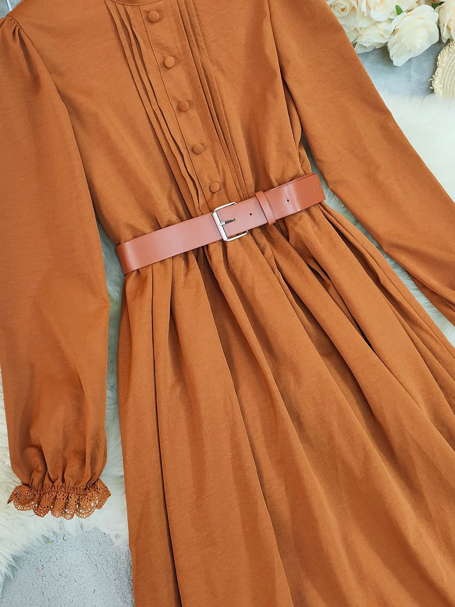 A-Line Elasticated Waist Belted Buttoned Contrast Color Pleated Split-Joint Stand Collar Maxi Dresses Shirt Dress - Image 7