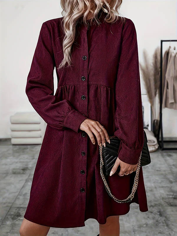 A-Line Elasticated Waist Belted Buttoned Pleated Solid Color Split-Joint Stand Collar Midi Dresses Shirt Dress - Image 2