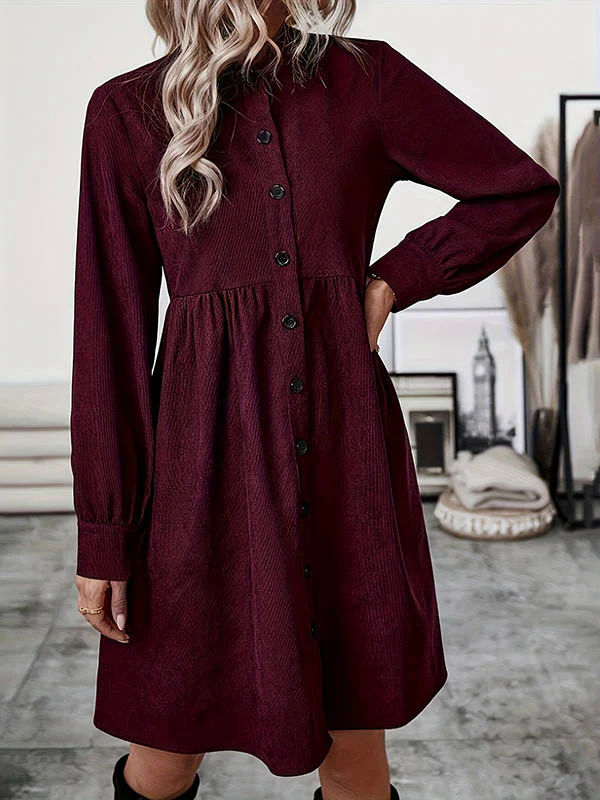 A-Line Elasticated Waist Belted Buttoned Pleated Solid Color Split-Joint Stand Collar Midi Dresses Shirt Dress - Image 3