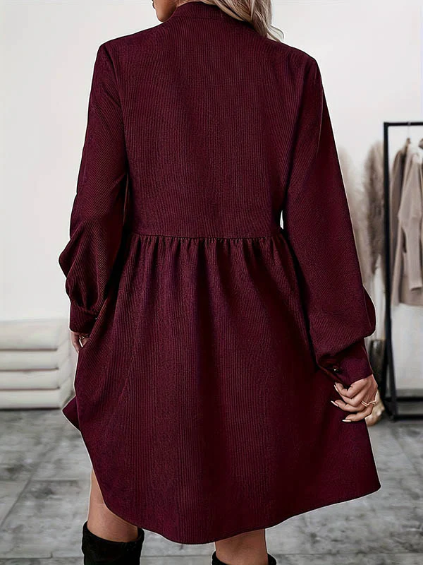 A-Line Elasticated Waist Belted Buttoned Pleated Solid Color Split-Joint Stand Collar Midi Dresses Shirt Dress - Image 4