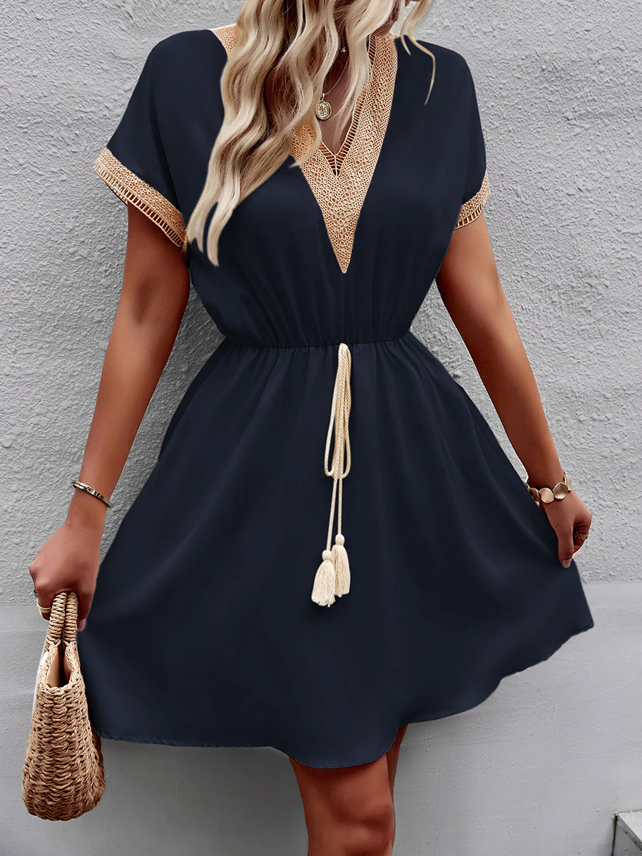 A-Line Elasticated Waist Contrast Color Drawstring Hollow Split-Joint Tasseled Tied V-Neck Mini Dresses - Image 10
