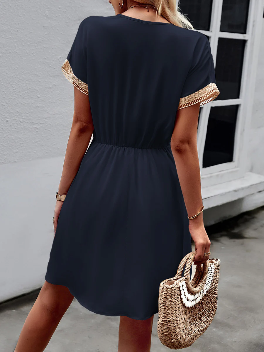 A-Line Elasticated Waist Contrast Color Drawstring Hollow Split-Joint Tasseled Tied V-Neck Mini Dresses - Image 13