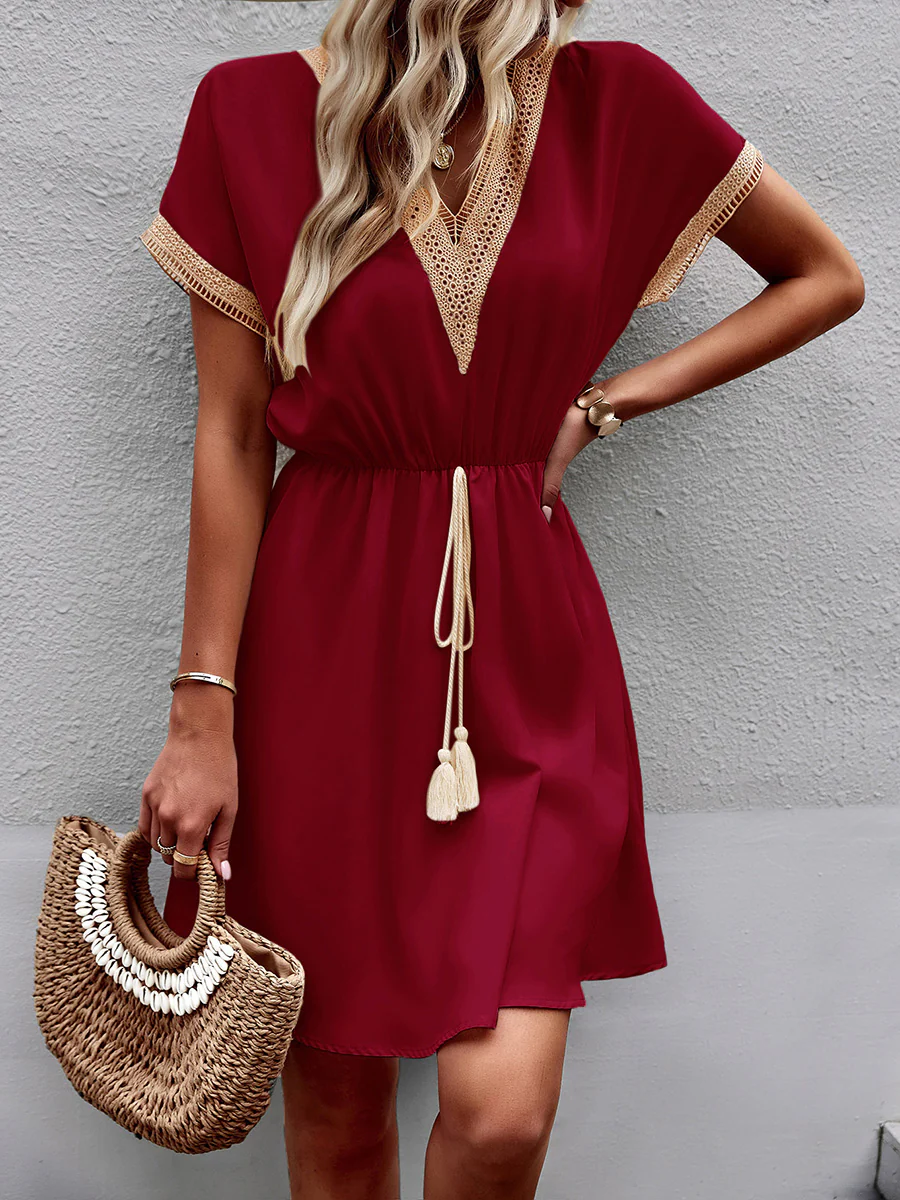 A-Line Elasticated Waist Contrast Color Drawstring Hollow Split-Joint Tasseled Tied V-Neck Mini Dresses - Image 15