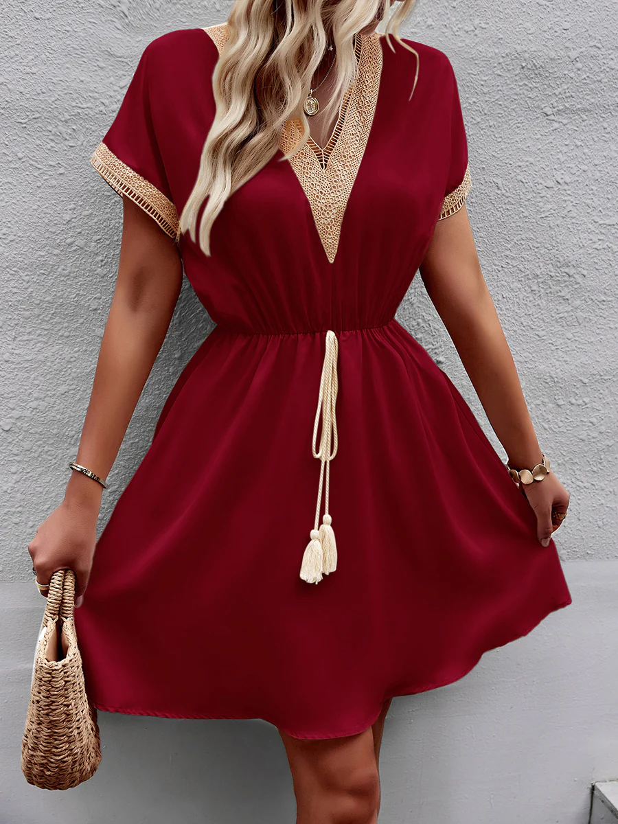 A-Line Elasticated Waist Contrast Color Drawstring Hollow Split-Joint Tasseled Tied V-Neck Mini Dresses - Image 16