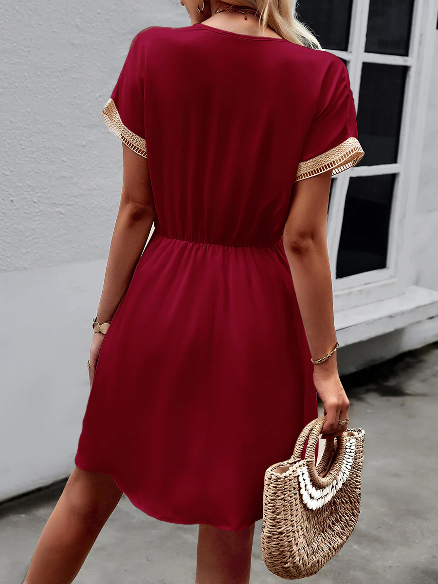 A-Line Elasticated Waist Contrast Color Drawstring Hollow Split-Joint Tasseled Tied V-Neck Mini Dresses - Image 19