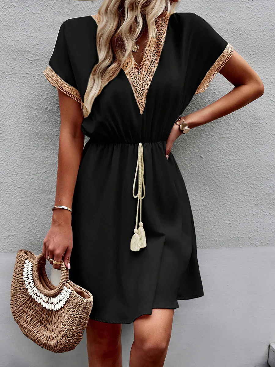 A-Line Elasticated Waist Contrast Color Drawstring Hollow Split-Joint Tasseled Tied V-Neck Mini Dresses - Image 21
