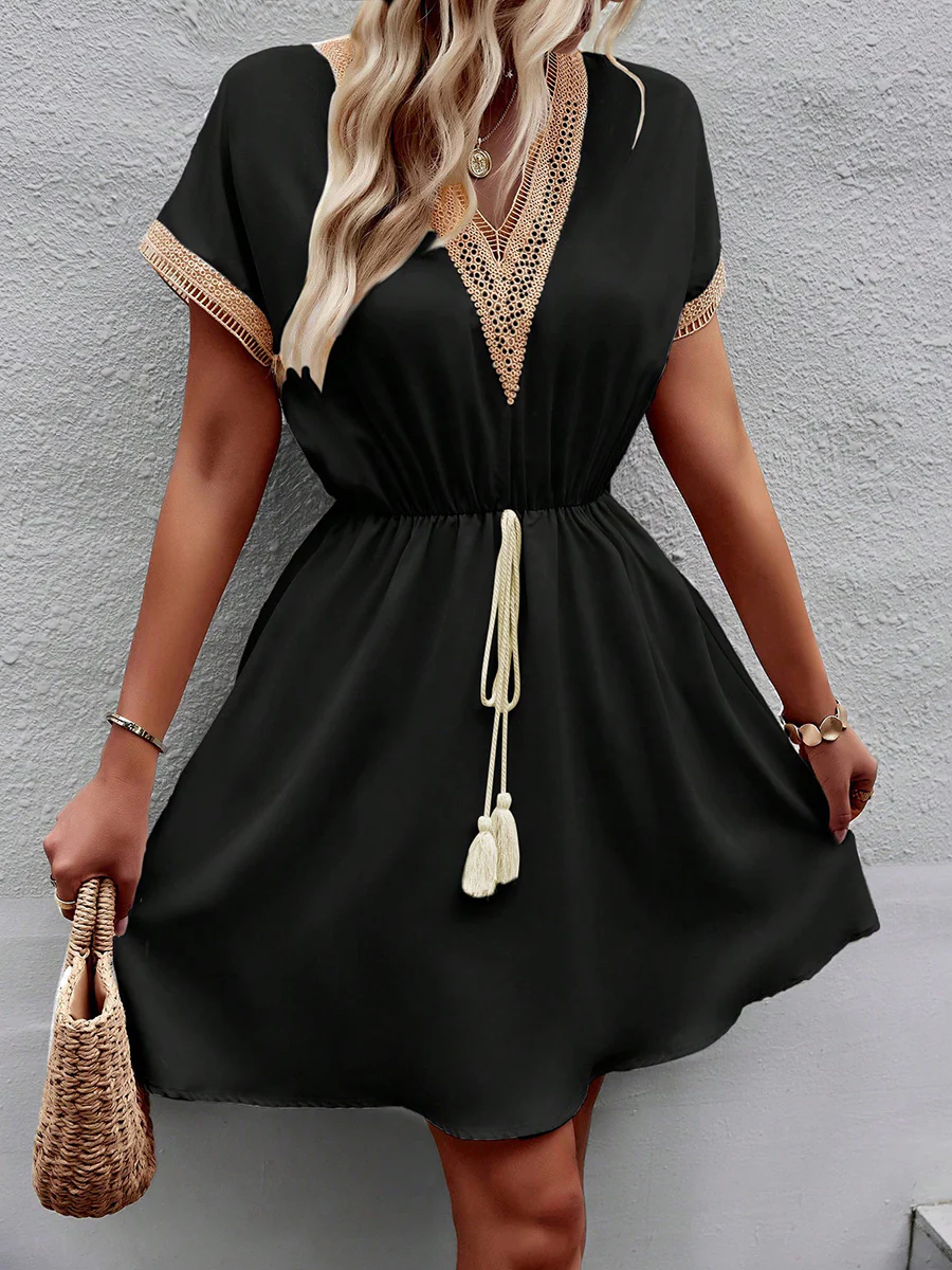 A-Line Elasticated Waist Contrast Color Drawstring Hollow Split-Joint Tasseled Tied V-Neck Mini Dresses - Image 22
