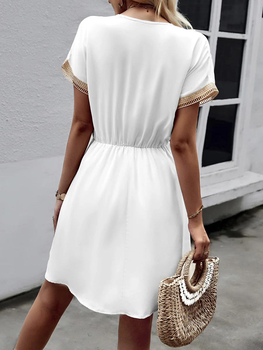 A-Line Elasticated Waist Contrast Color Drawstring Hollow Split-Joint Tasseled Tied V-Neck Mini Dresses - Image 30