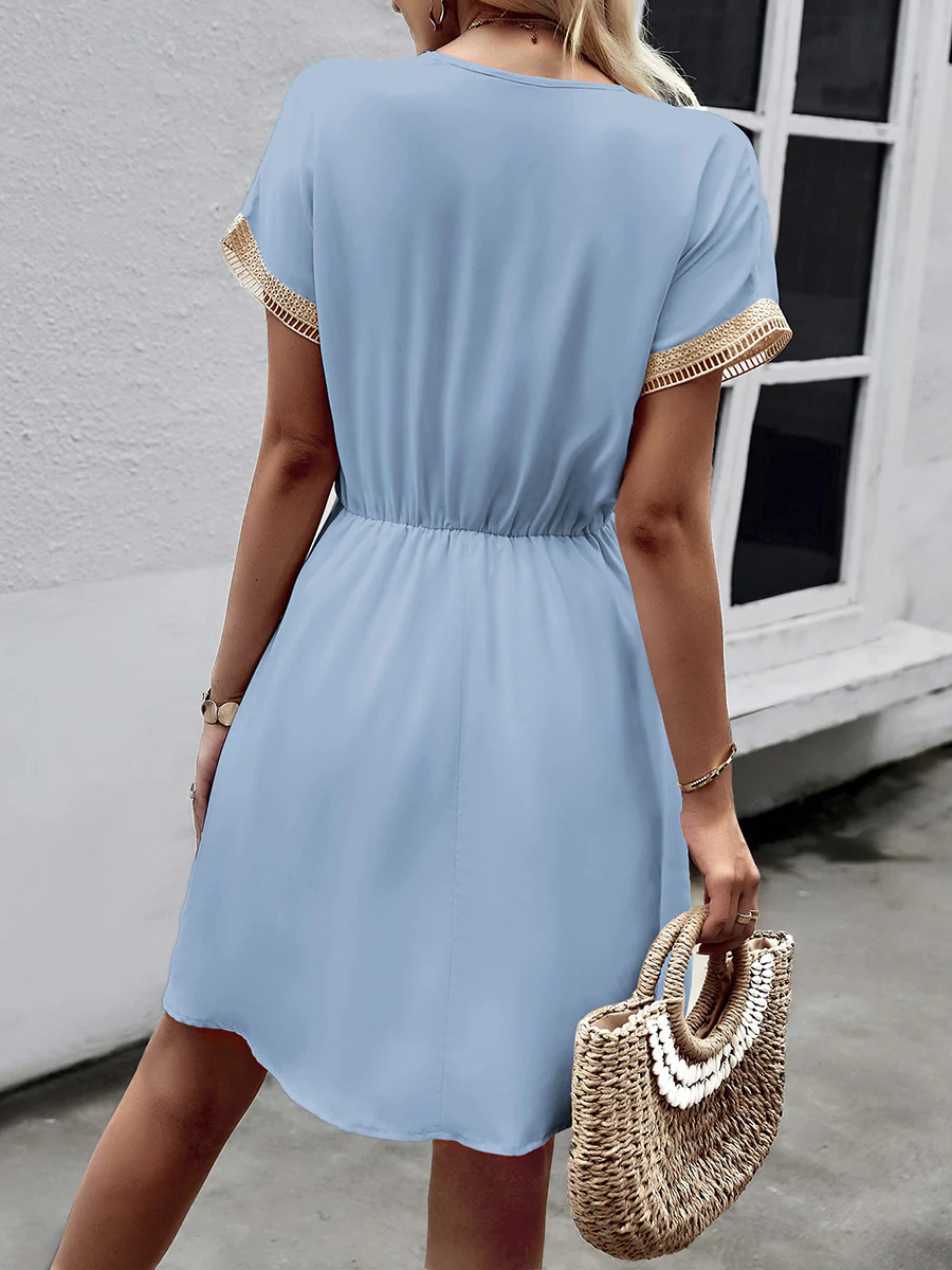 A-Line Elasticated Waist Contrast Color Drawstring Hollow Split-Joint Tasseled Tied V-Neck Mini Dresses - Image 7