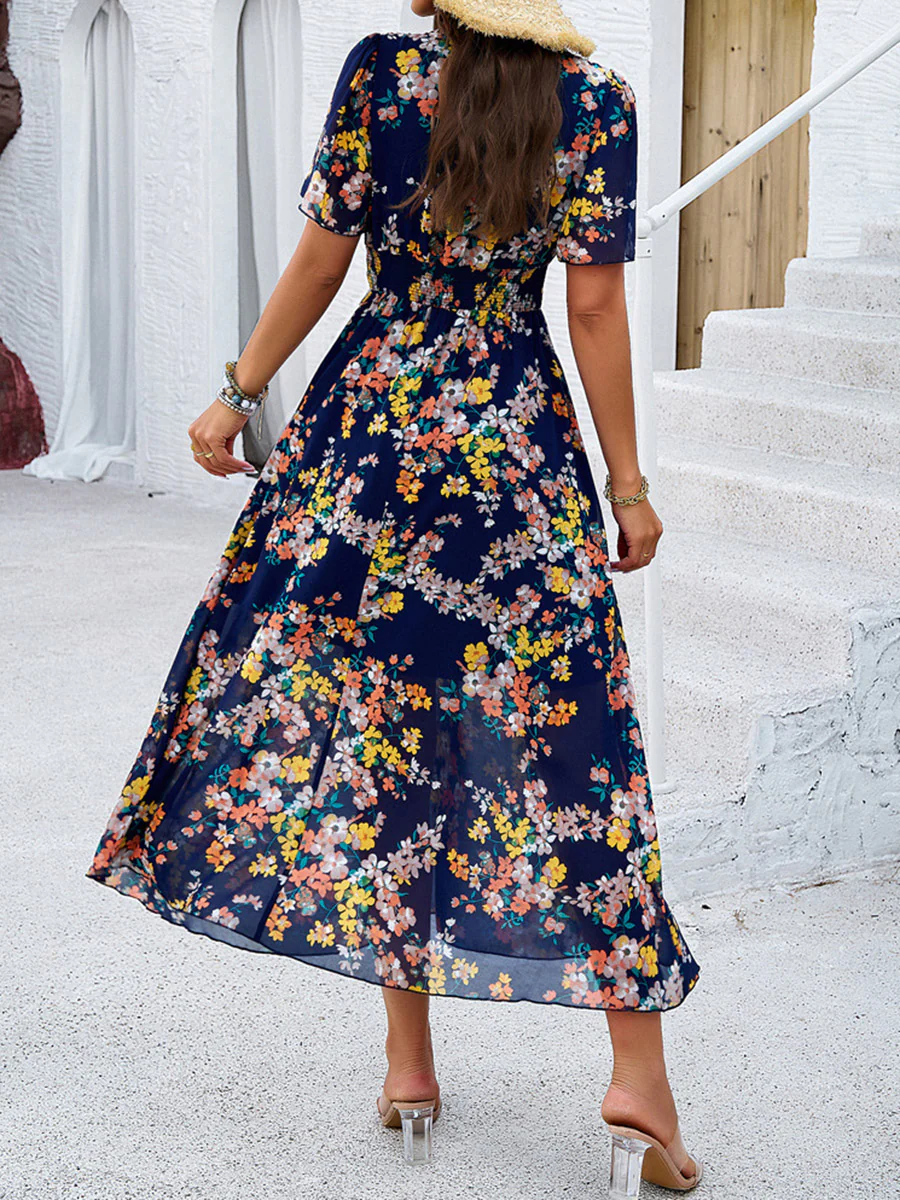 A-Line Elasticated Waist Contrast Color Flower Print Pleated Split-Joint V-Neck Maxi Dresses - Image 10