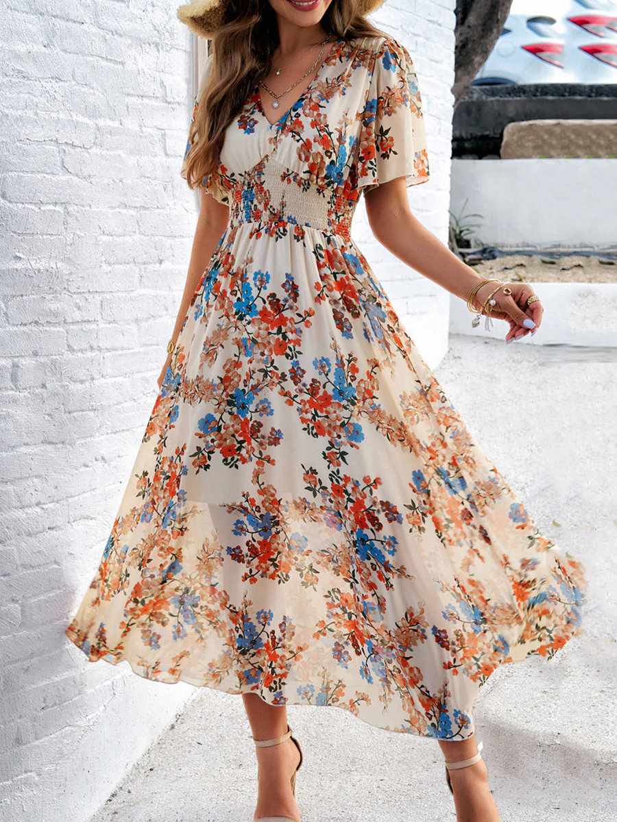 A-Line Elasticated Waist Contrast Color Flower Print Pleated Split-Joint V-Neck Maxi Dresses - Image 11