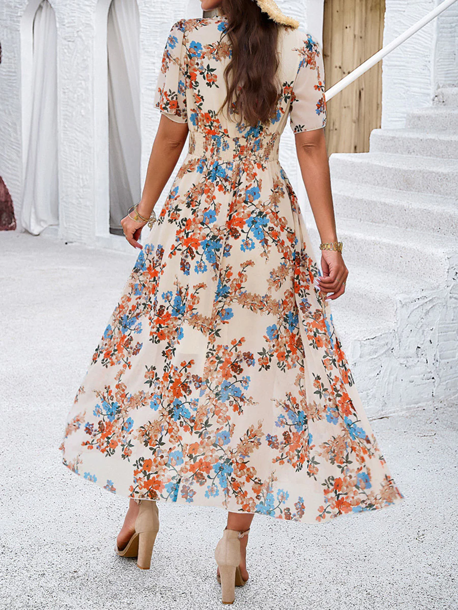 A-Line Elasticated Waist Contrast Color Flower Print Pleated Split-Joint V-Neck Maxi Dresses - Image 13