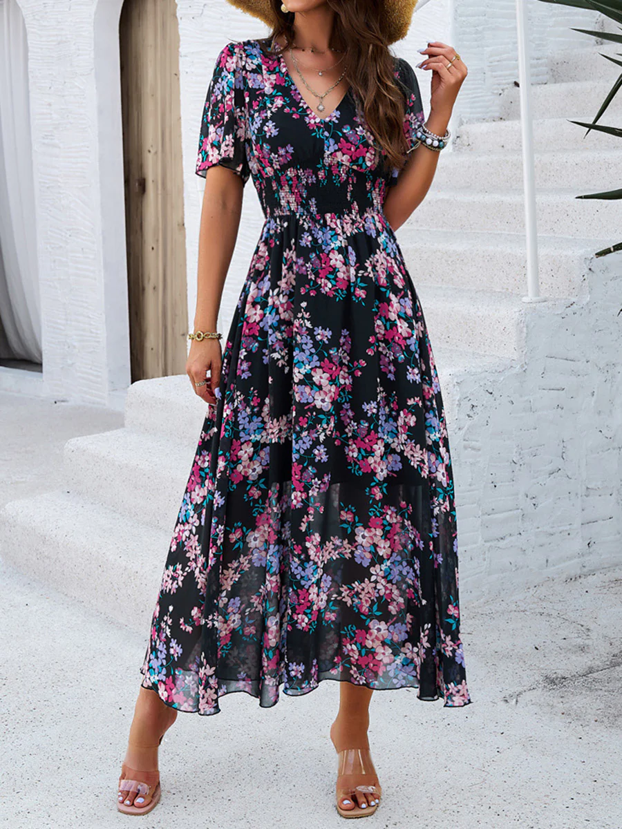 A-Line Elasticated Waist Contrast Color Flower Print Pleated Split-Joint V-Neck Maxi Dresses - Image 2