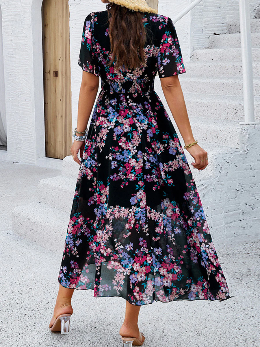 A-Line Elasticated Waist Contrast Color Flower Print Pleated Split-Joint V-Neck Maxi Dresses - Image 4