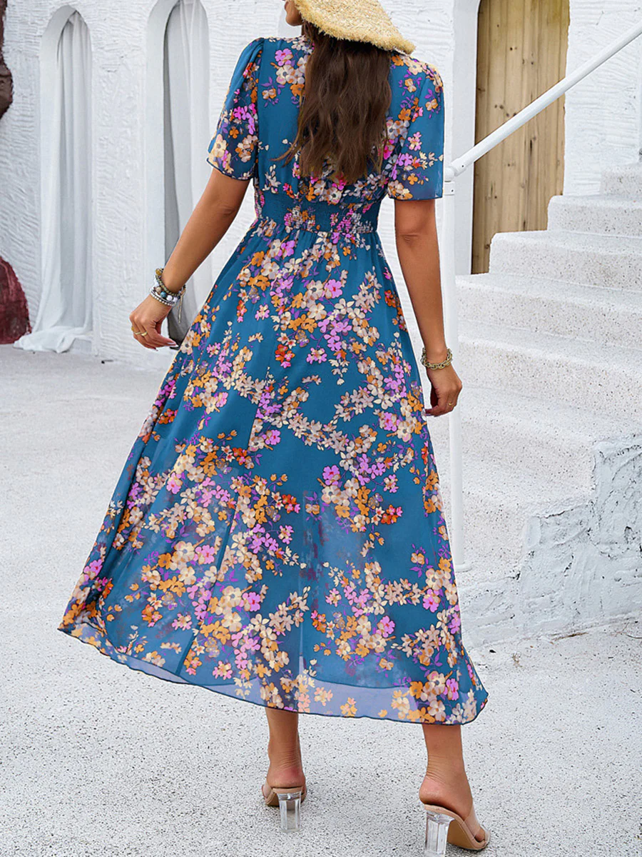 A-Line Elasticated Waist Contrast Color Flower Print Pleated Split-Joint V-Neck Maxi Dresses - Image 7