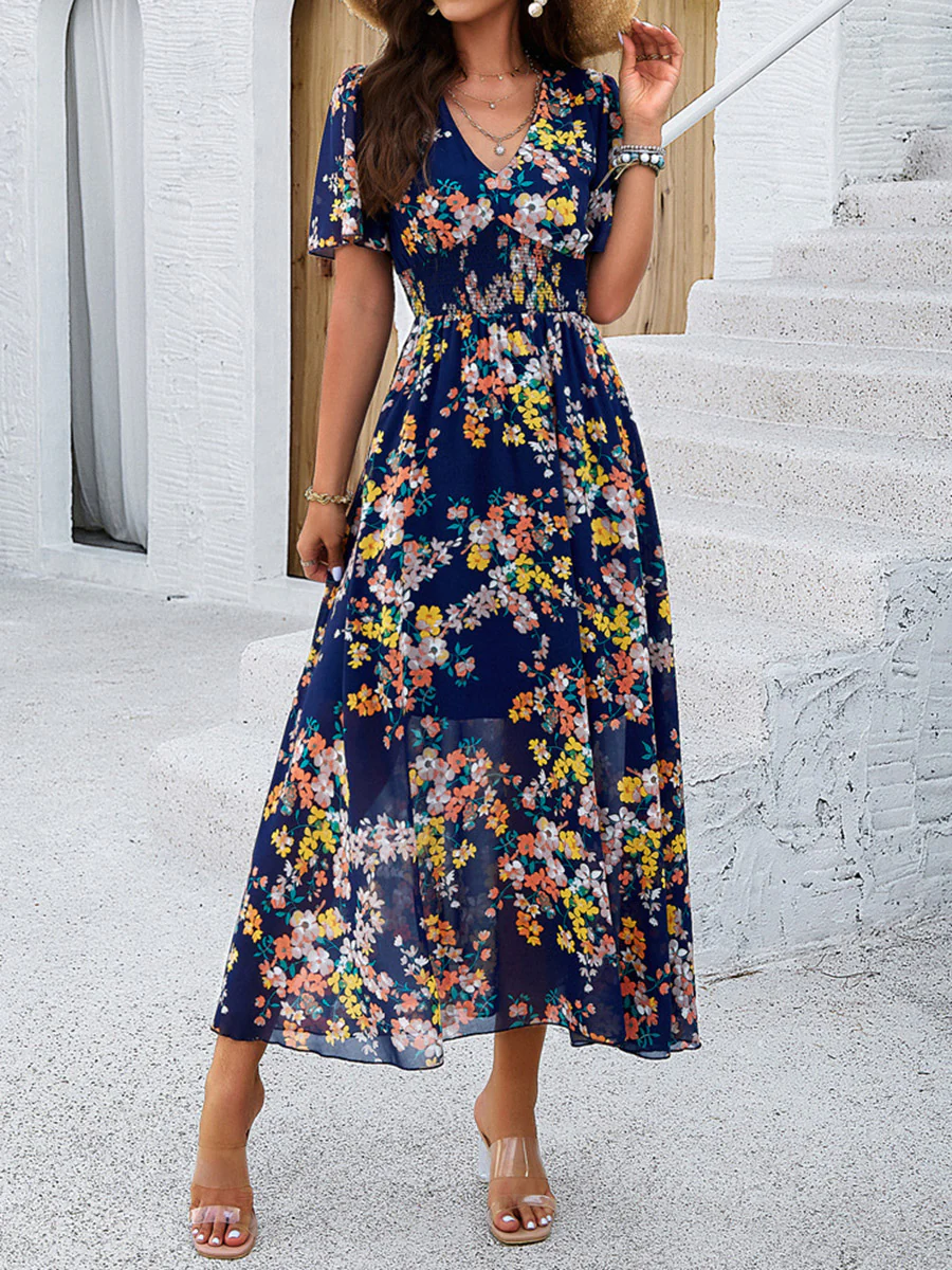 A-Line Elasticated Waist Contrast Color Flower Print Pleated Split-Joint V-Neck Maxi Dresses - Image 8