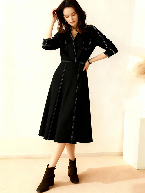 A-Line Elasticated Waist Contrast Color Line Split-Joint Lapel Midi Dresses - Image 2