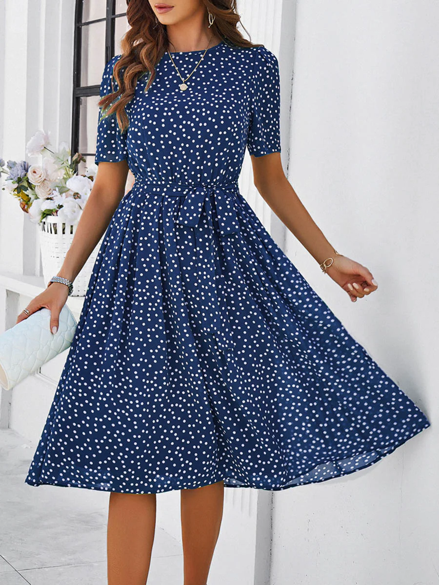 A-Line Elasticated Waist Contrast Color Polka Dot Split-Joint Tied Waist Round-Neck Midi Dresses - Image 10
