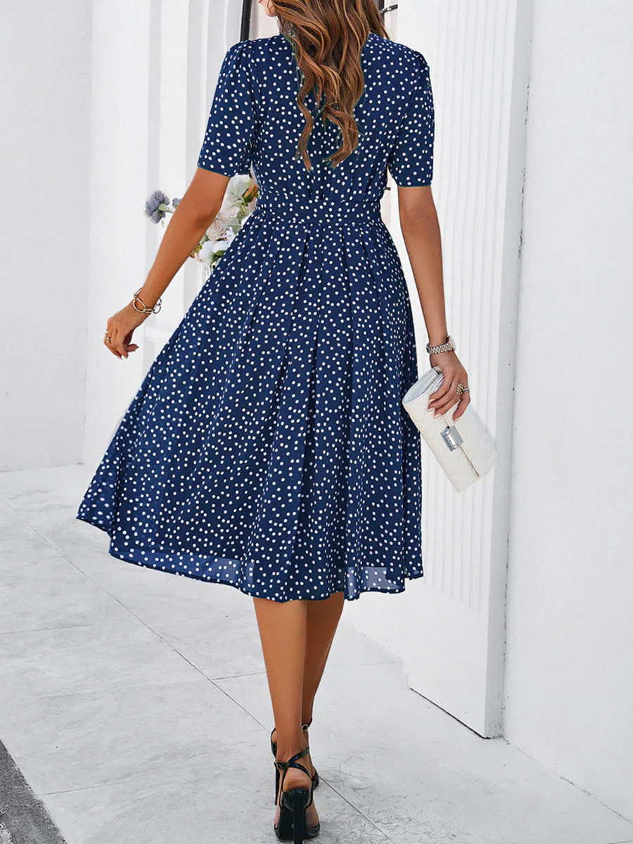 A-Line Elasticated Waist Contrast Color Polka Dot Split-Joint Tied Waist Round-Neck Midi Dresses - Image 13