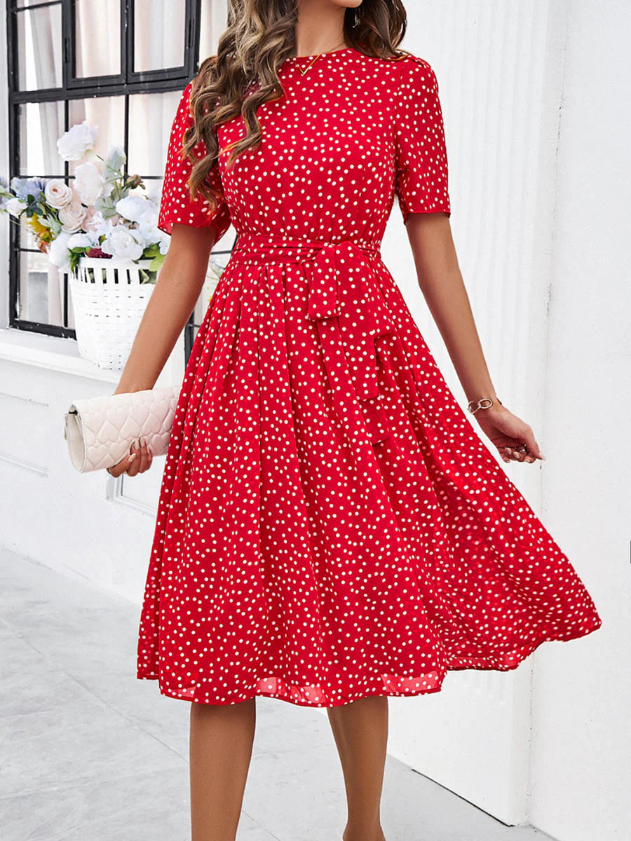 A-Line Elasticated Waist Contrast Color Polka Dot Split-Joint Tied Waist Round-Neck Midi Dresses - Image 14