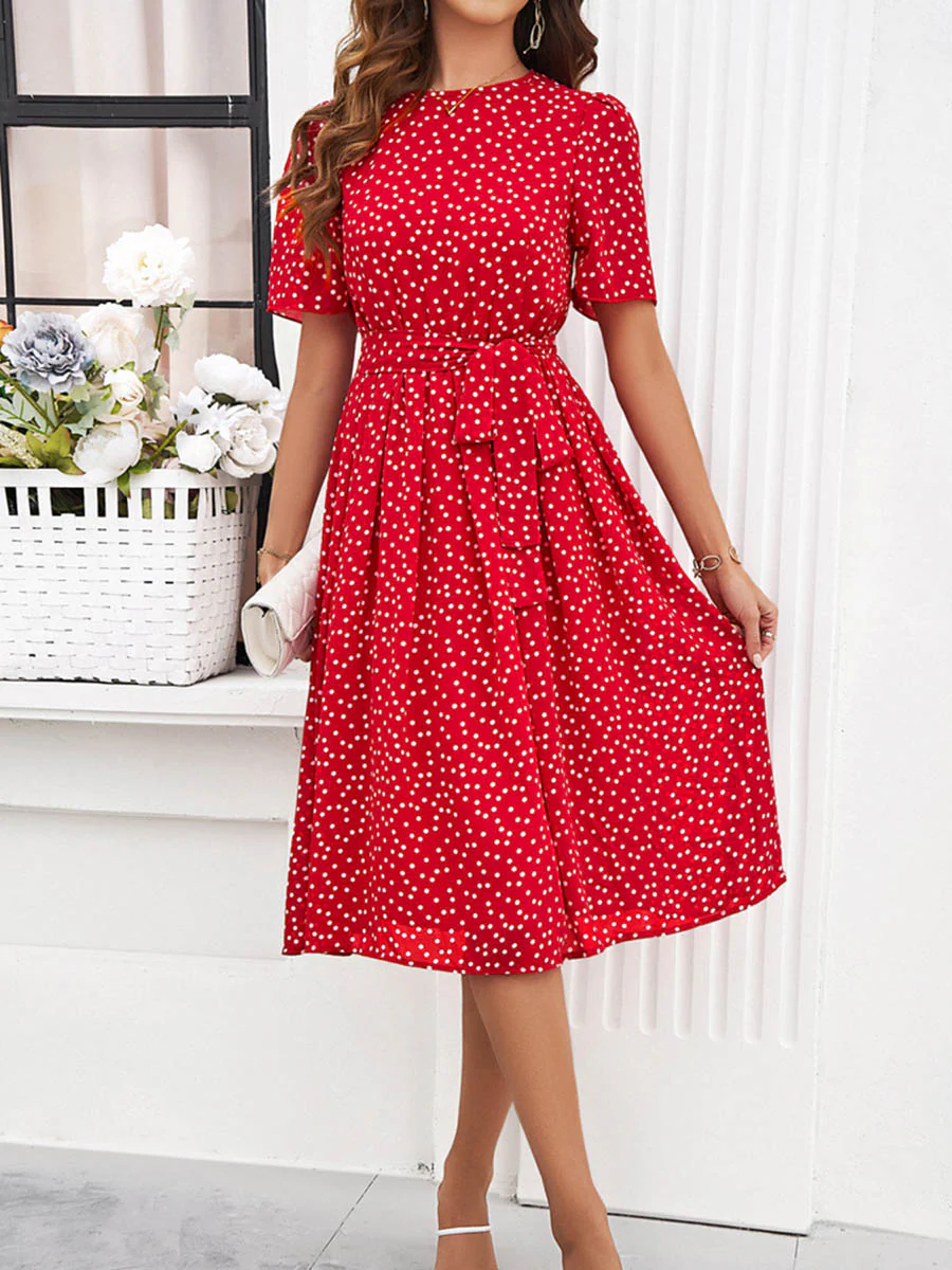 A-Line Elasticated Waist Contrast Color Polka Dot Split-Joint Tied Waist Round-Neck Midi Dresses - Image 15