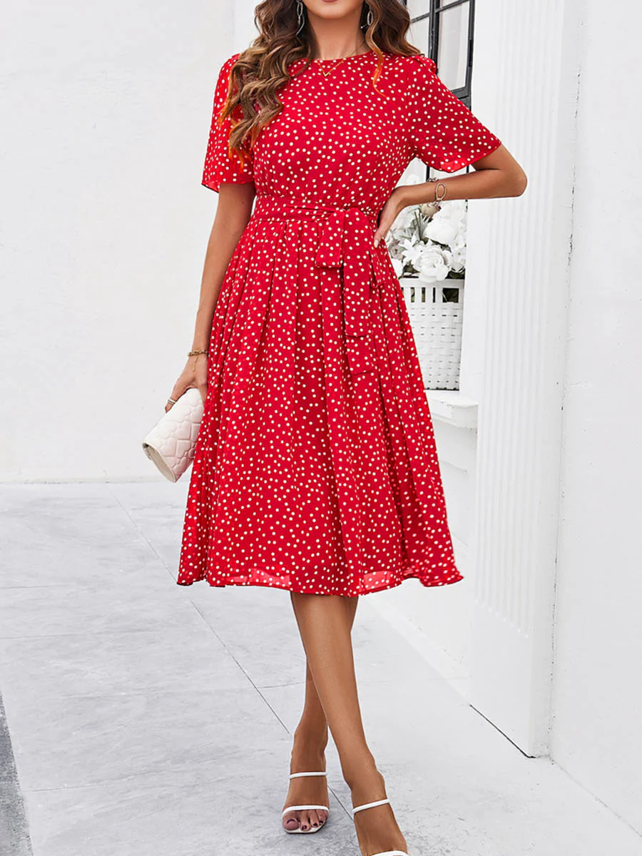 A-Line Elasticated Waist Contrast Color Polka Dot Split-Joint Tied Waist Round-Neck Midi Dresses - Image 16
