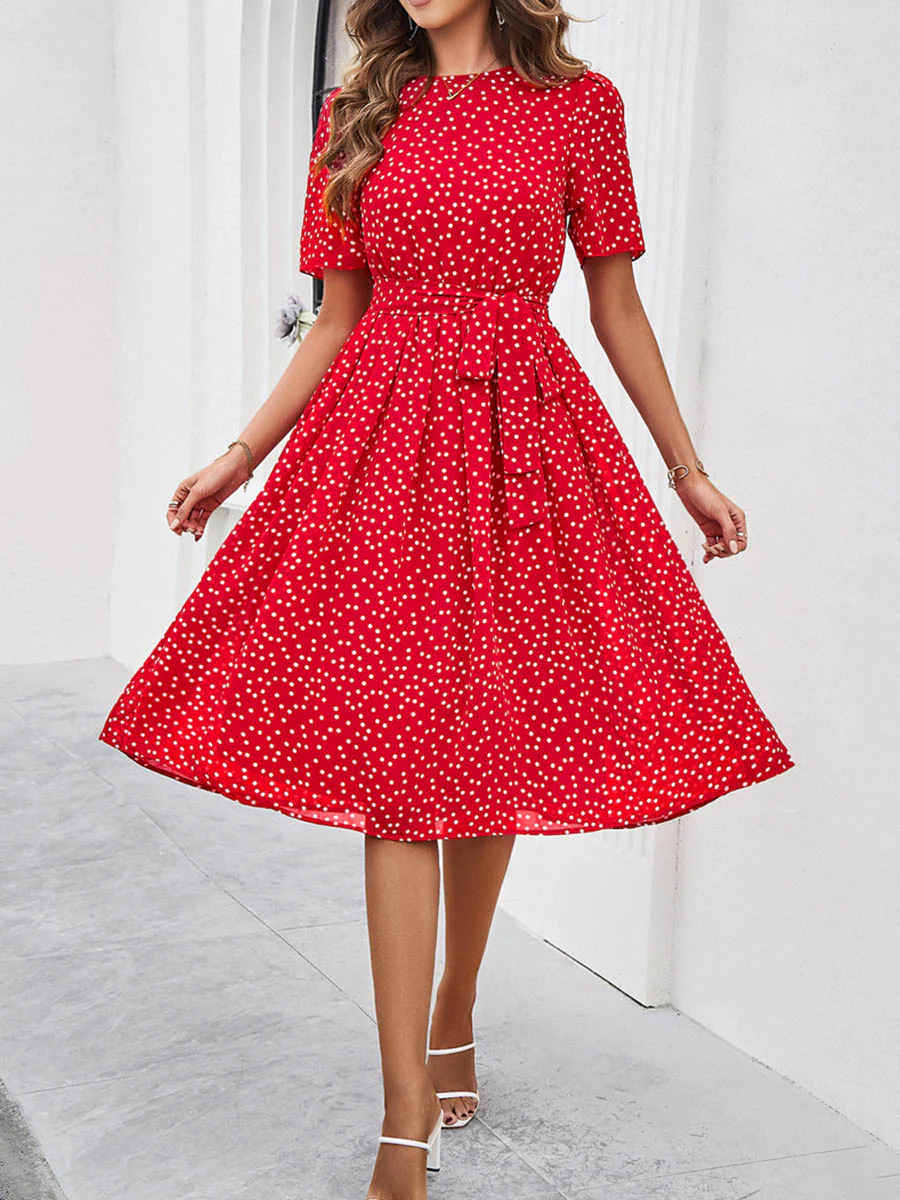A-Line Elasticated Waist Contrast Color Polka Dot Split-Joint Tied Waist Round-Neck Midi Dresses - Image 17