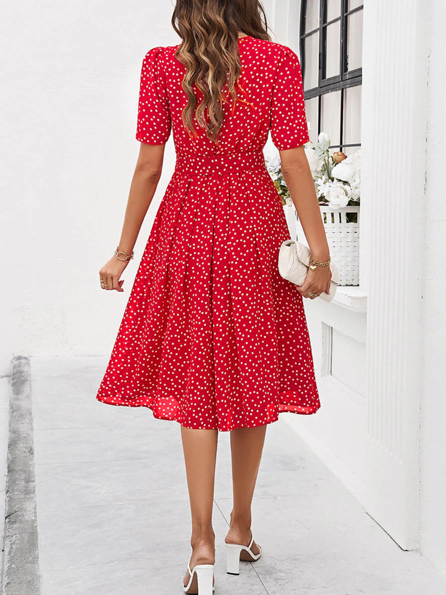 A-Line Elasticated Waist Contrast Color Polka Dot Split-Joint Tied Waist Round-Neck Midi Dresses - Image 19