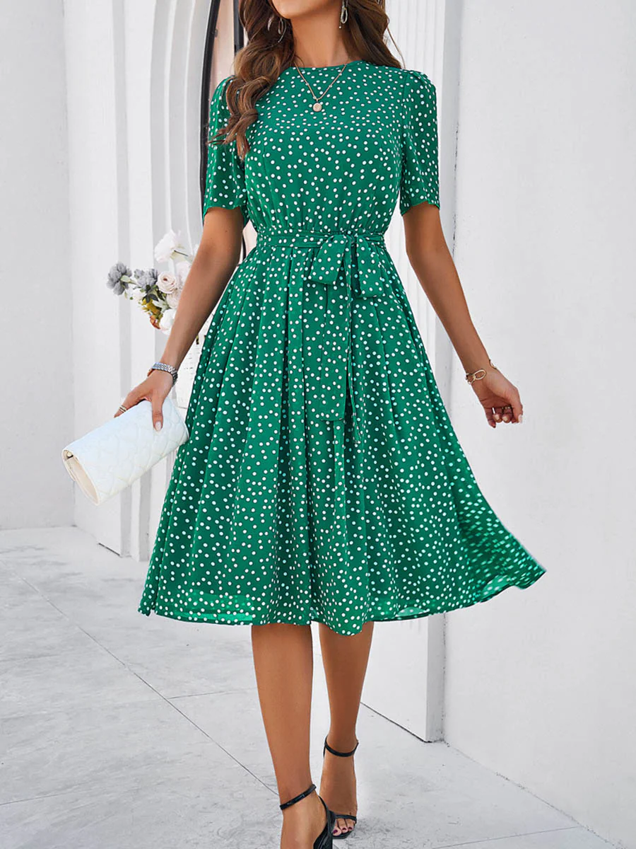 A-Line Elasticated Waist Contrast Color Polka Dot Split-Joint Tied Waist Round-Neck Midi Dresses - Image 2