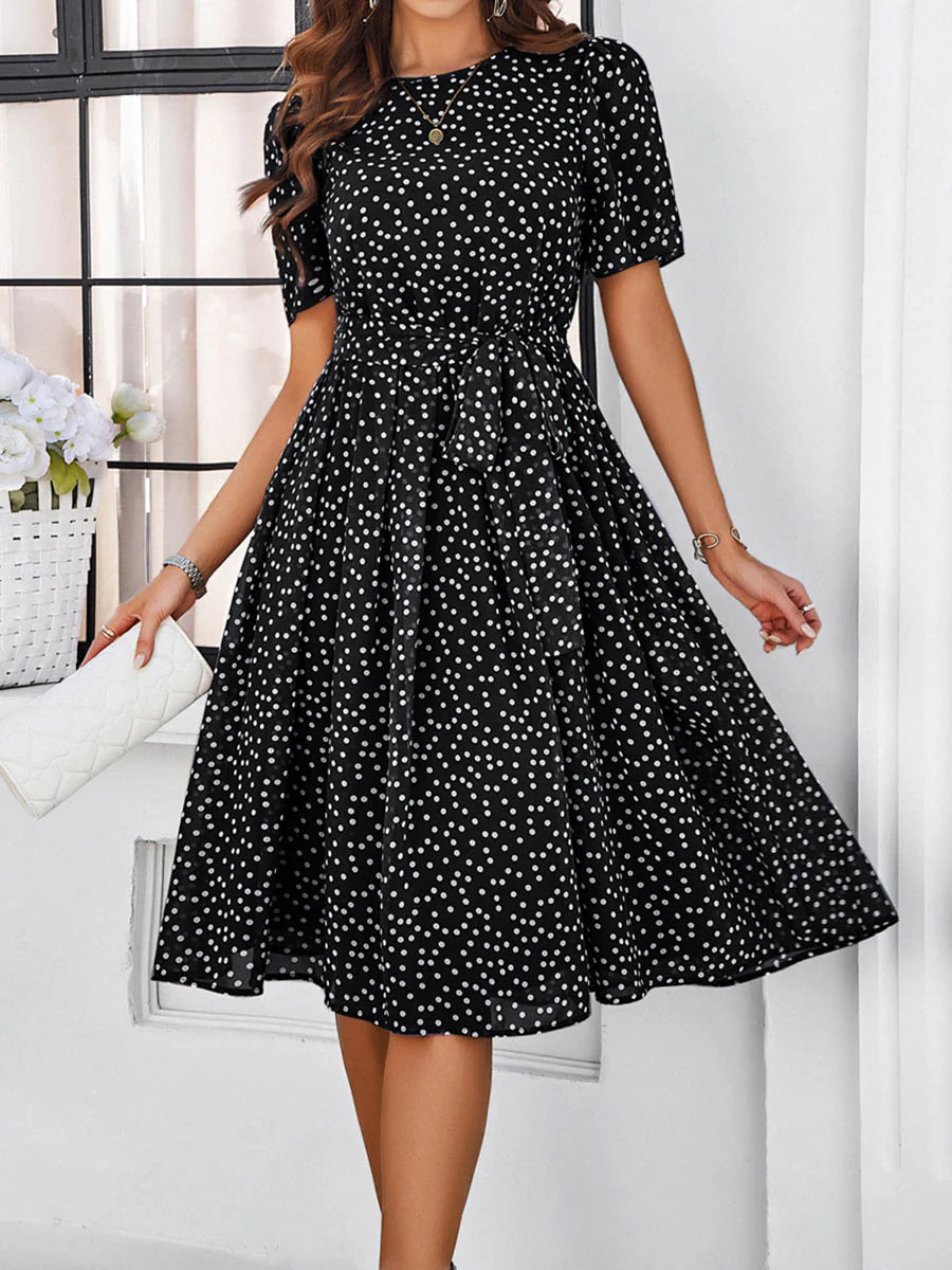 A-Line Elasticated Waist Contrast Color Polka Dot Split-Joint Tied Waist Round-Neck Midi Dresses - Image 20