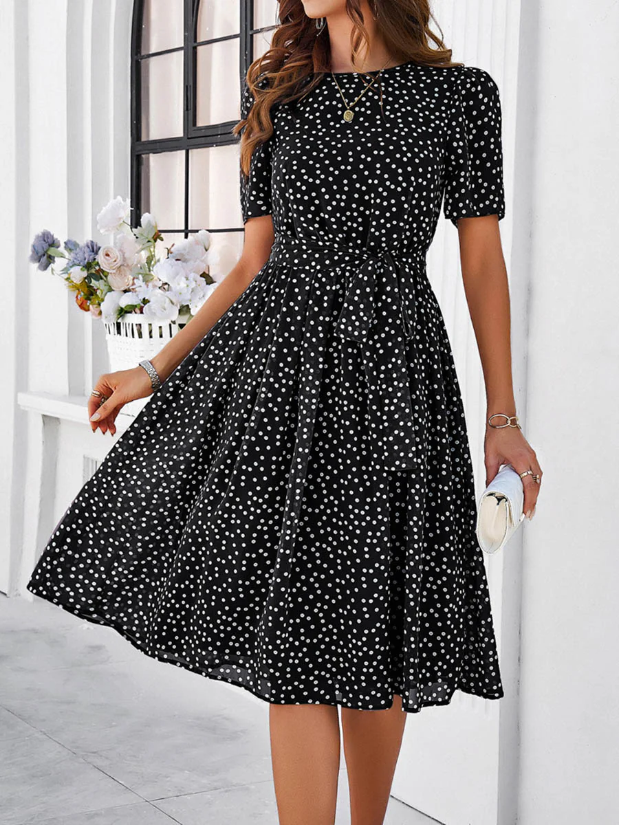 A-Line Elasticated Waist Contrast Color Polka Dot Split-Joint Tied Waist Round-Neck Midi Dresses - Image 21
