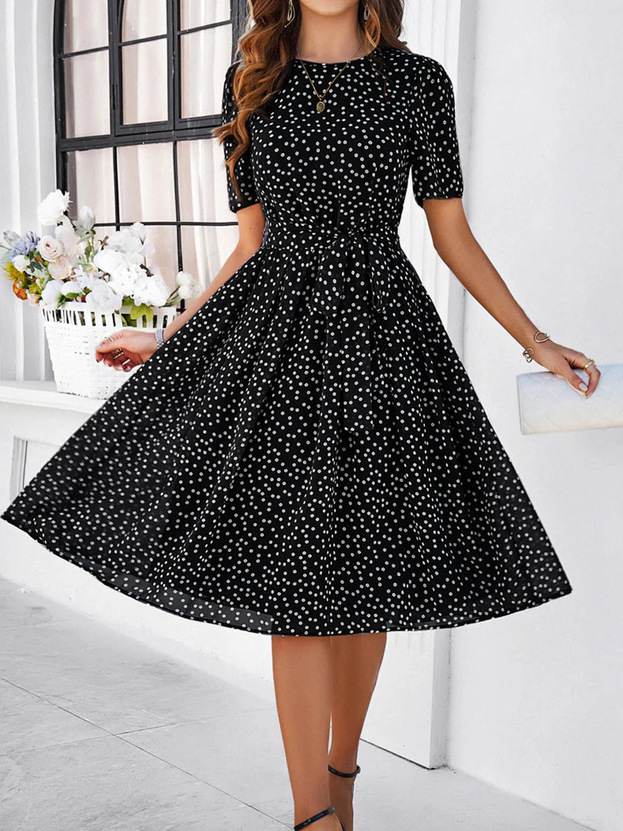 A-Line Elasticated Waist Contrast Color Polka Dot Split-Joint Tied Waist Round-Neck Midi Dresses - Image 22