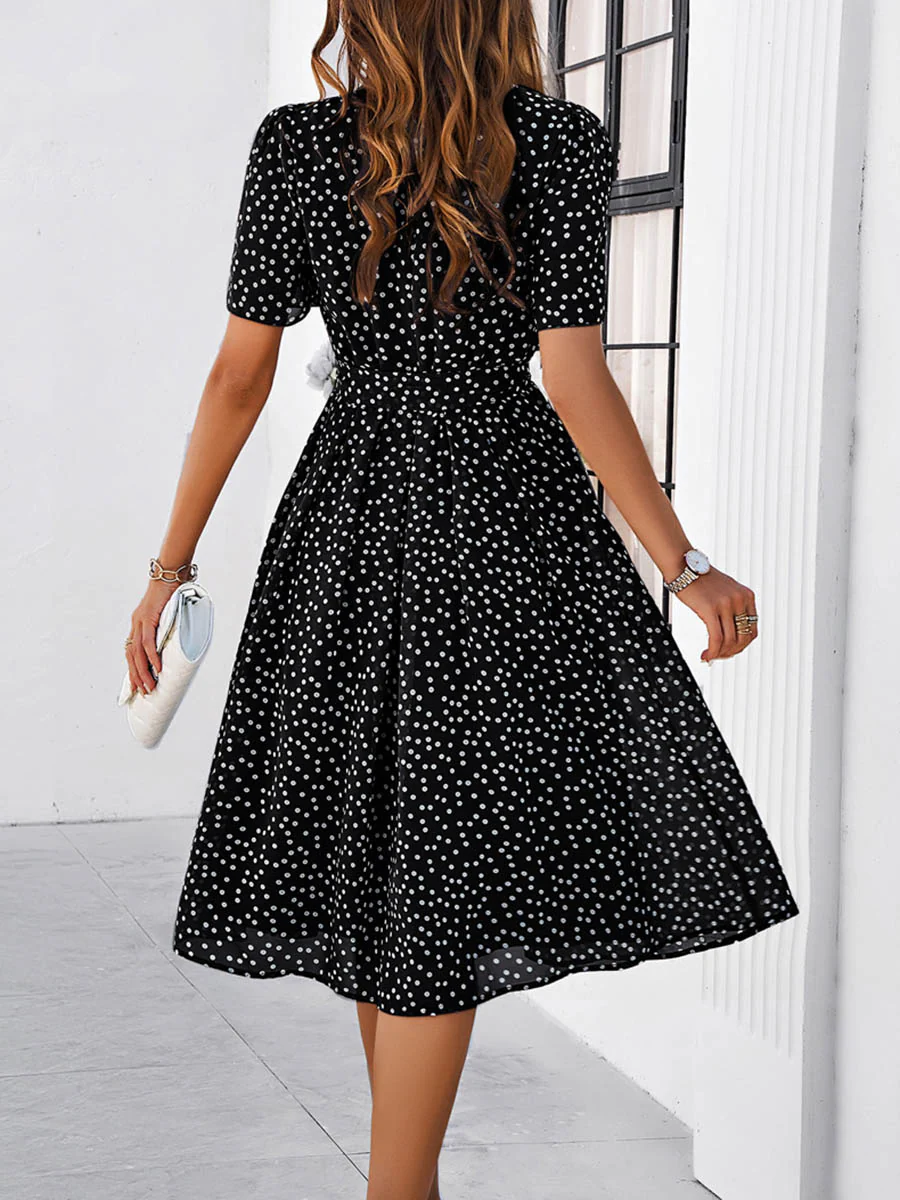 A-Line Elasticated Waist Contrast Color Polka Dot Split-Joint Tied Waist Round-Neck Midi Dresses - Image 24